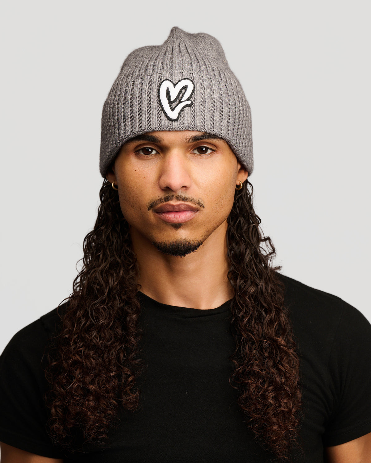 Grey Chenille White Heart Knit Beanie