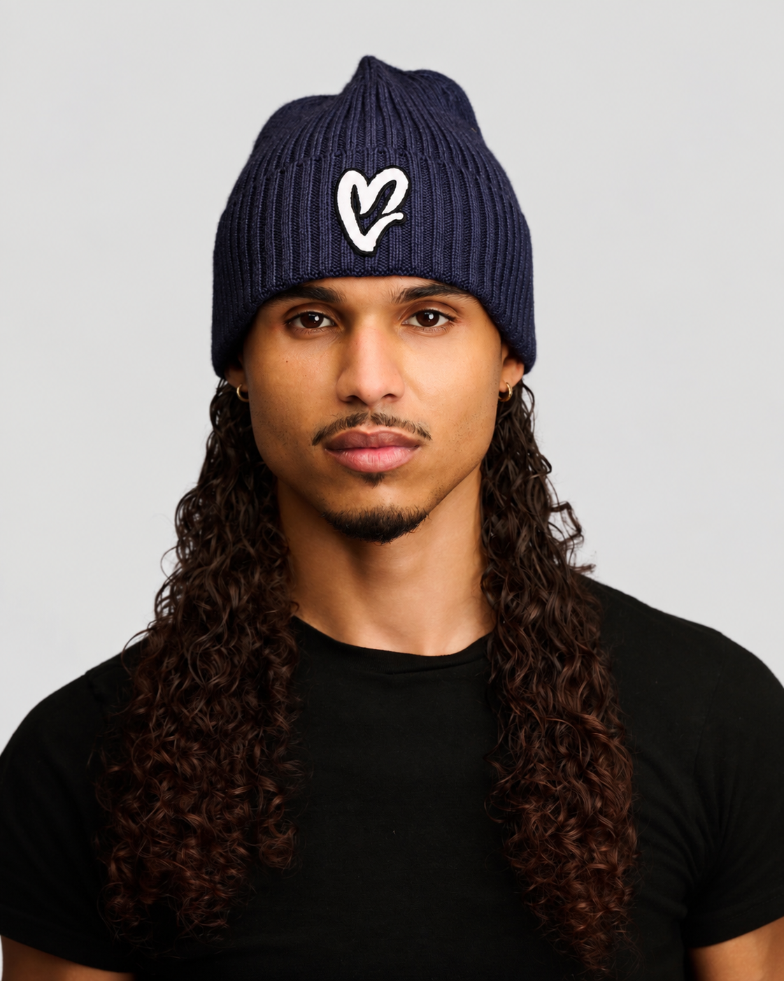 Navy Blue Chenille White Heart Knit Beanie