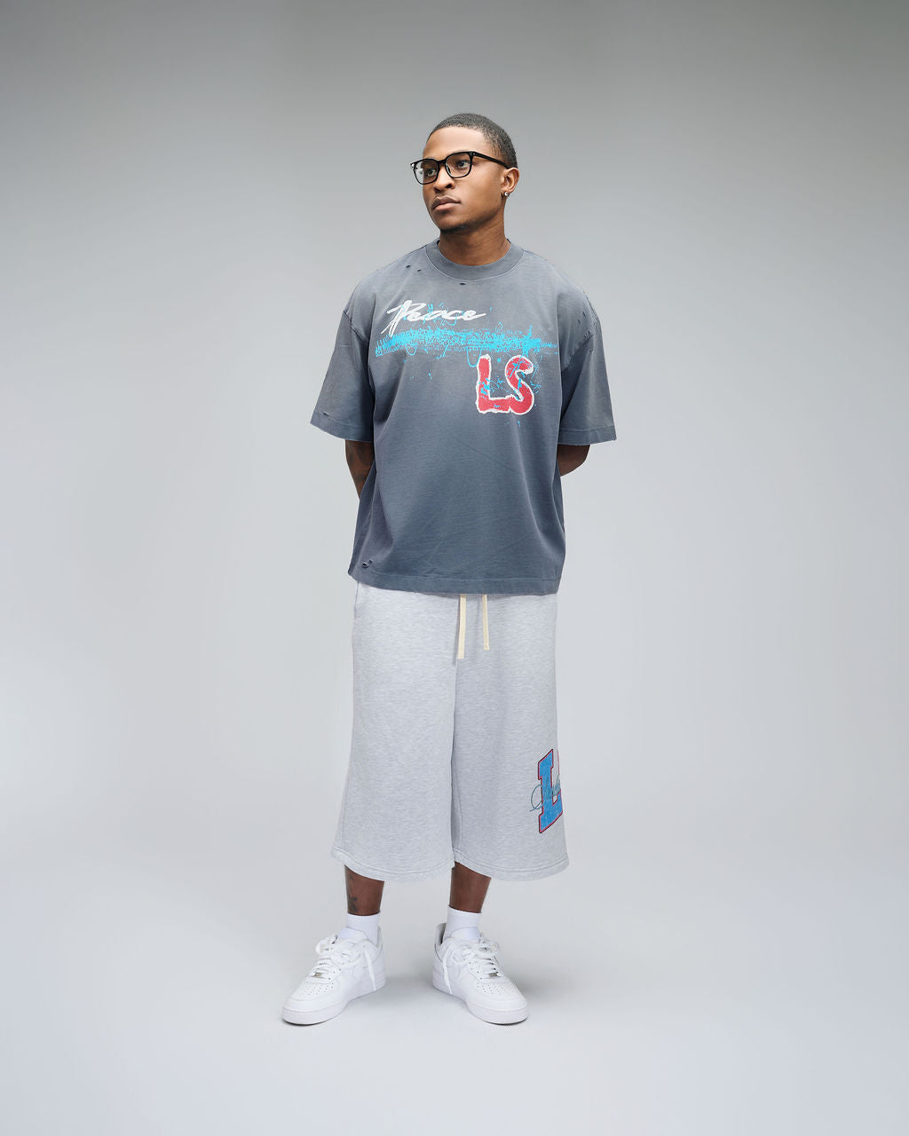 Peace LS Distress T-Shirt - Blue