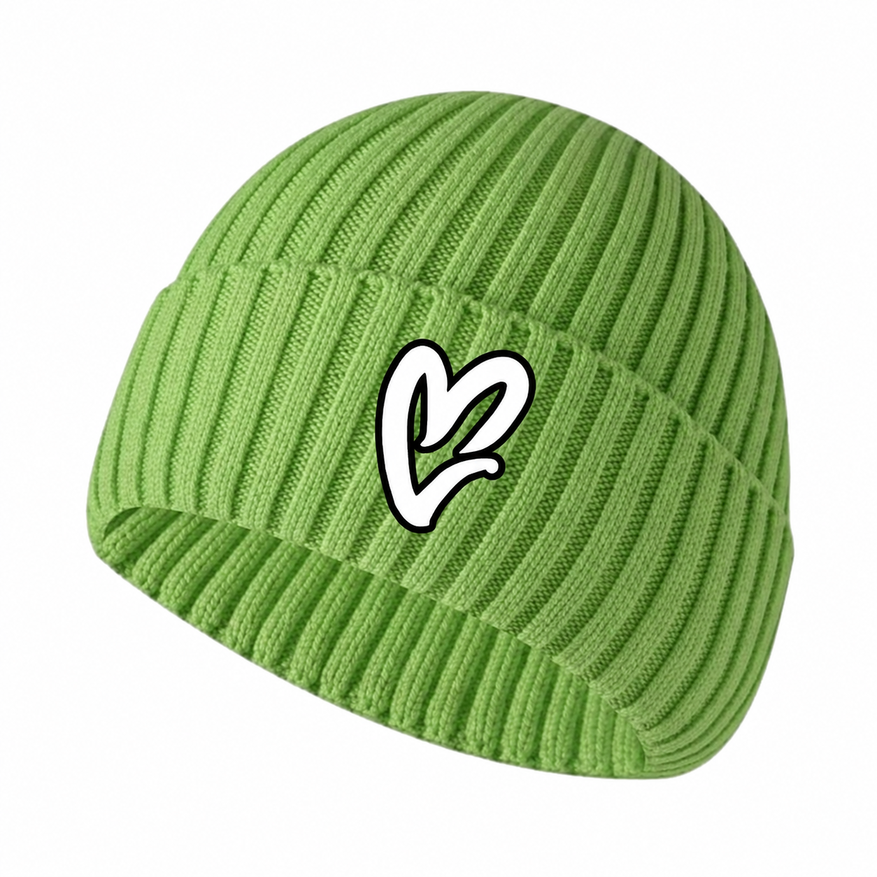 Lime Green Chenille White Heart Knit Beanie