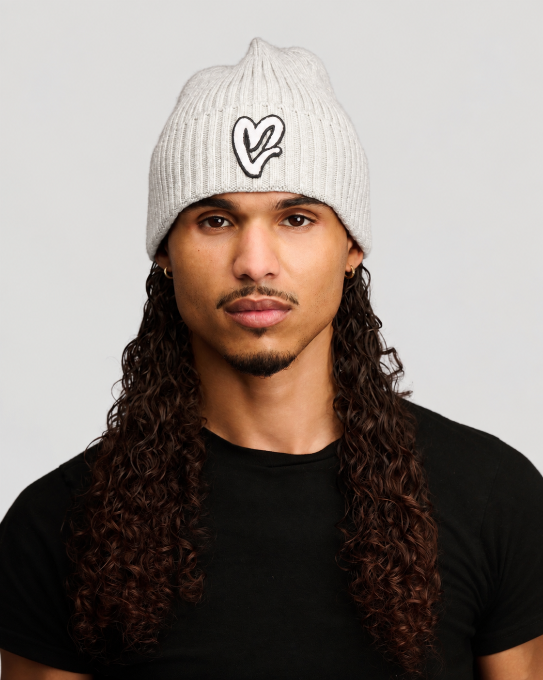 White Chenille White Heart Knit Beanie