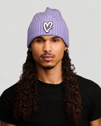 Purple Chenille White Heart Knit Beanie