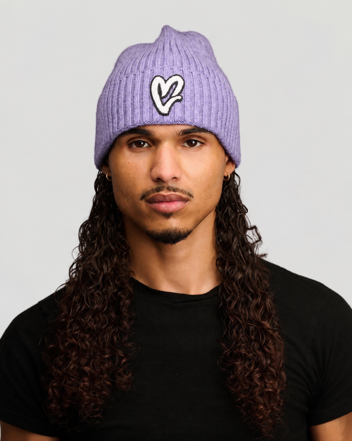 Purple Chenille White Heart Knit Beanie