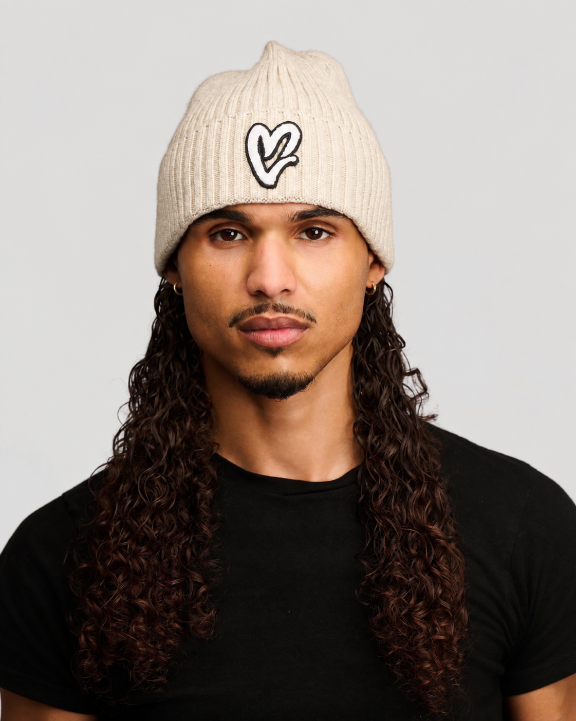 Creme  Chenille White Heart Knit Beanie