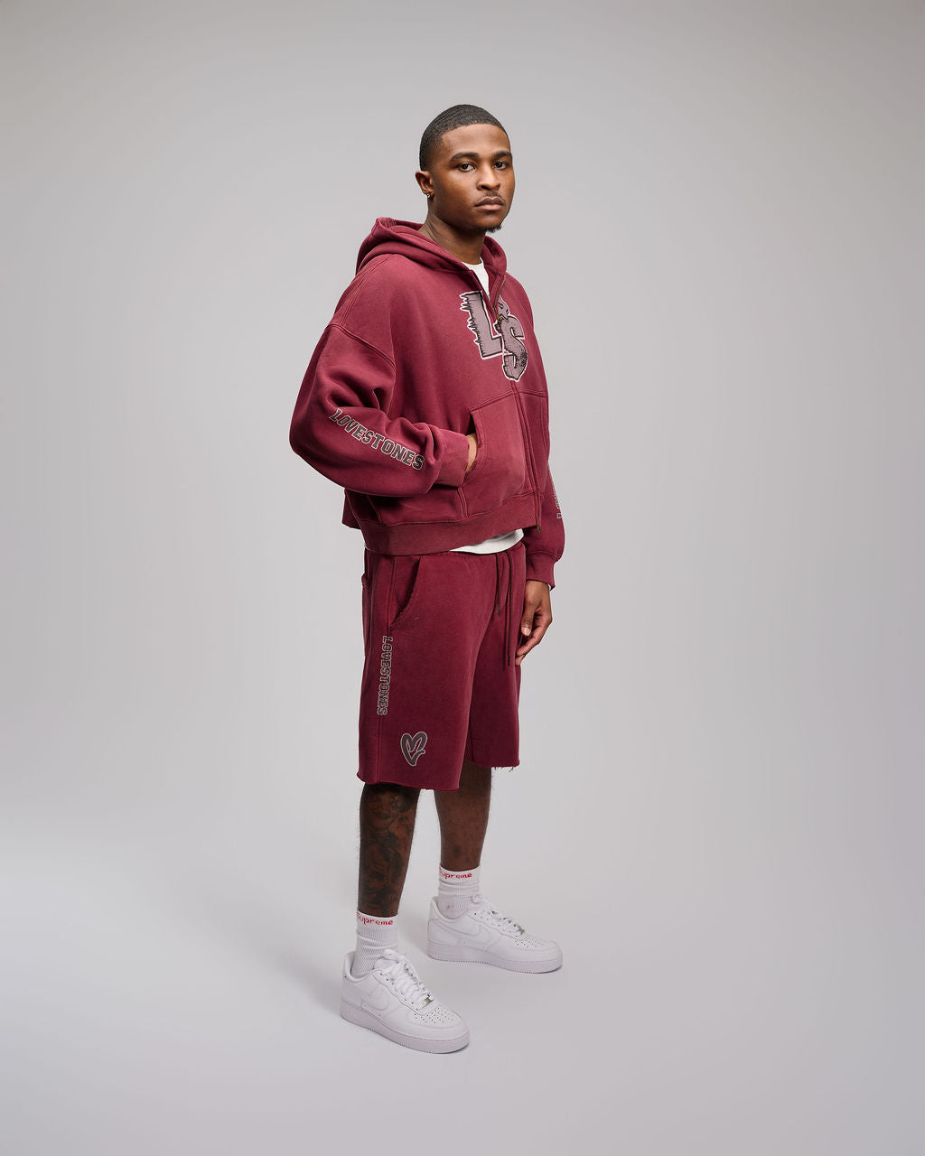 Double Heart LS Shorts - Burgundy & Grey