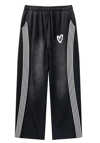 “Coming Soon” White Heart Stripe Pants - Black