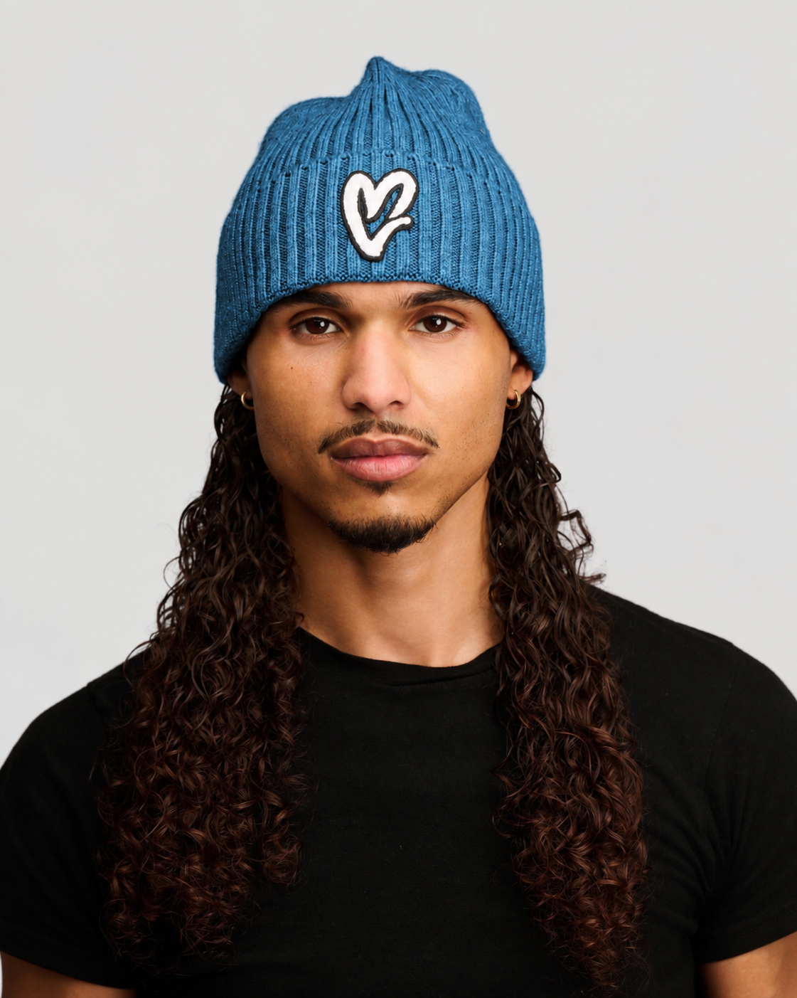 Mountain Blue Chenille White Heart Knit Beanie