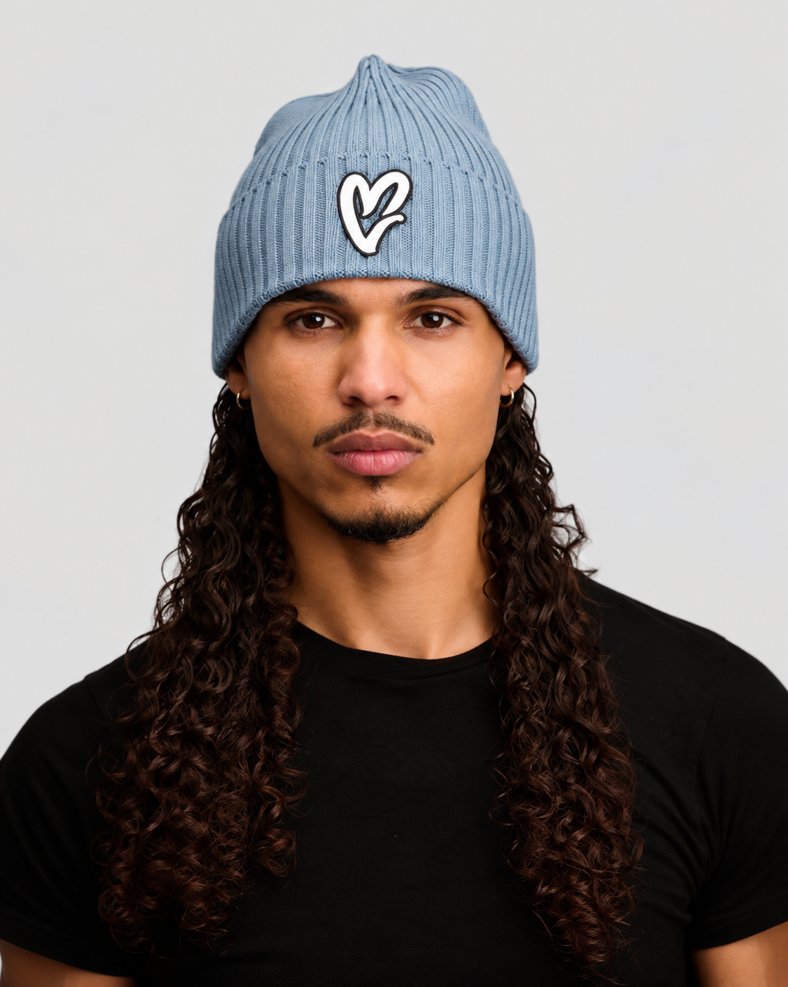 Sky Blue Chenille White Heart Knit Beanie