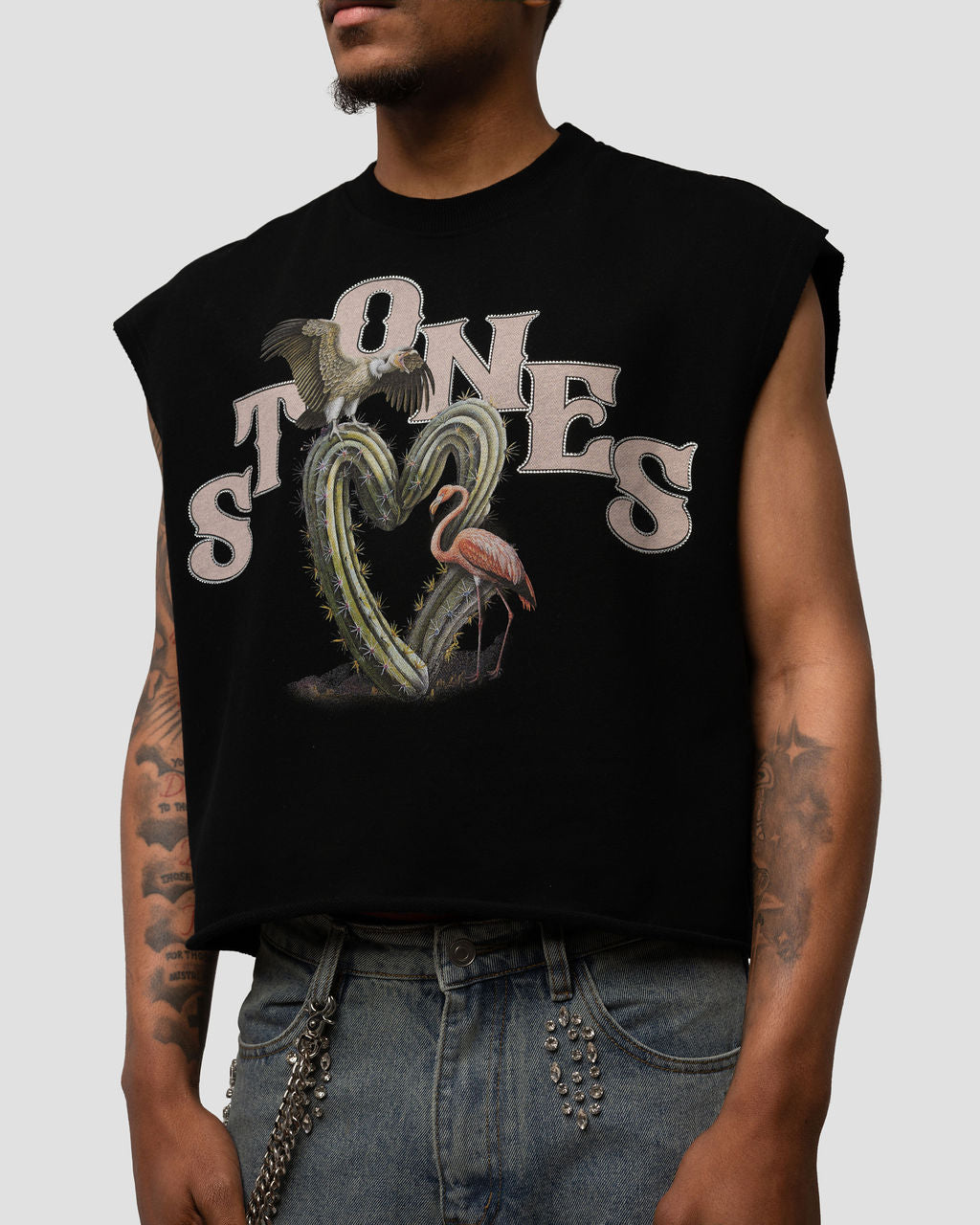 Paradise Cactus Rhinestones Sleveless Shirt - Black