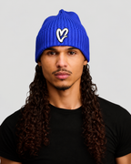 Royal Blue Chenille White Heart Knit Beanie