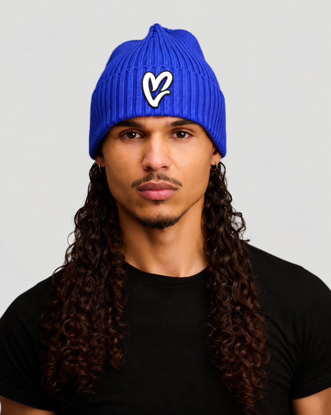 Royal Blue Chenille White Heart Knit Beanie
