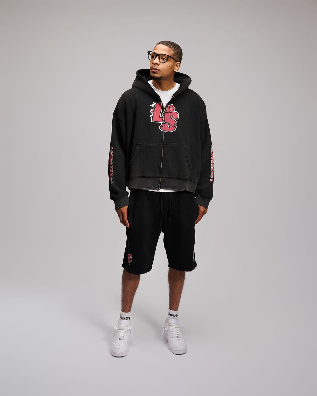 Double Heart LS Shorts - Black & Red