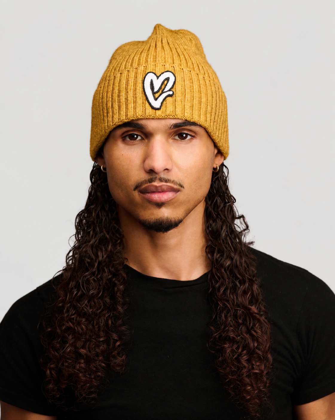 Gold Chenille White Heart Knit Beanie