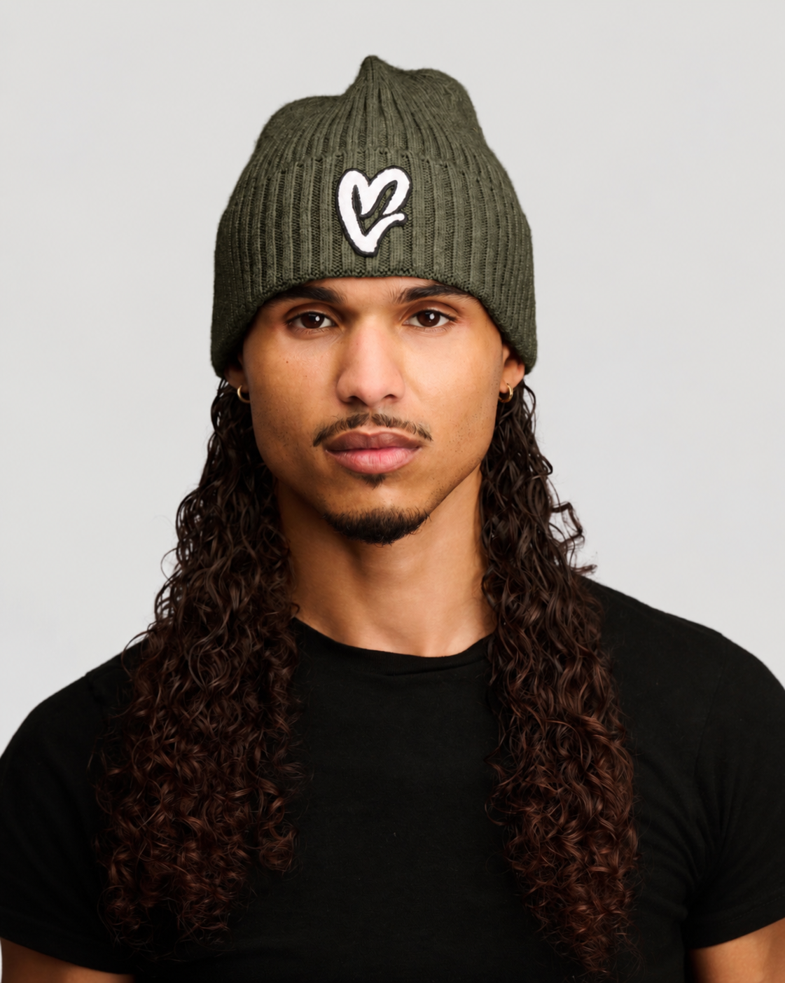 Olive Chenille White Heart Knit Beanie