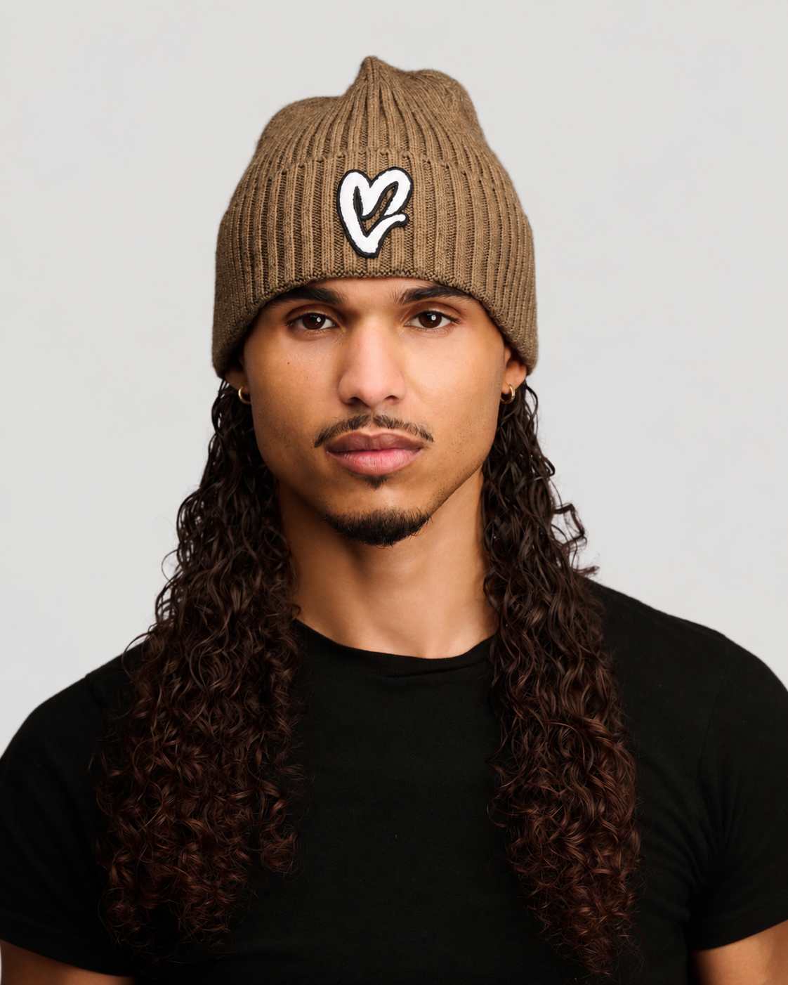 Brown Chenille White Heart Knit Beanie