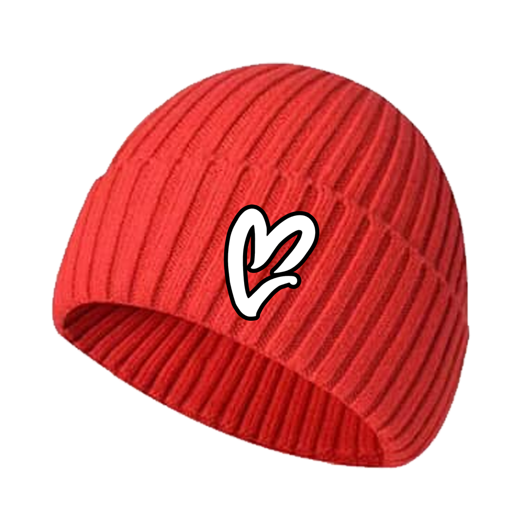 Red Chenille White Heart Knit Beanie