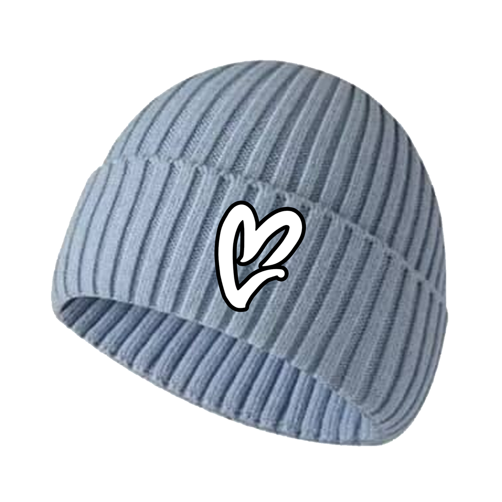 Sky Blue Chenille White Heart Knit Beanie