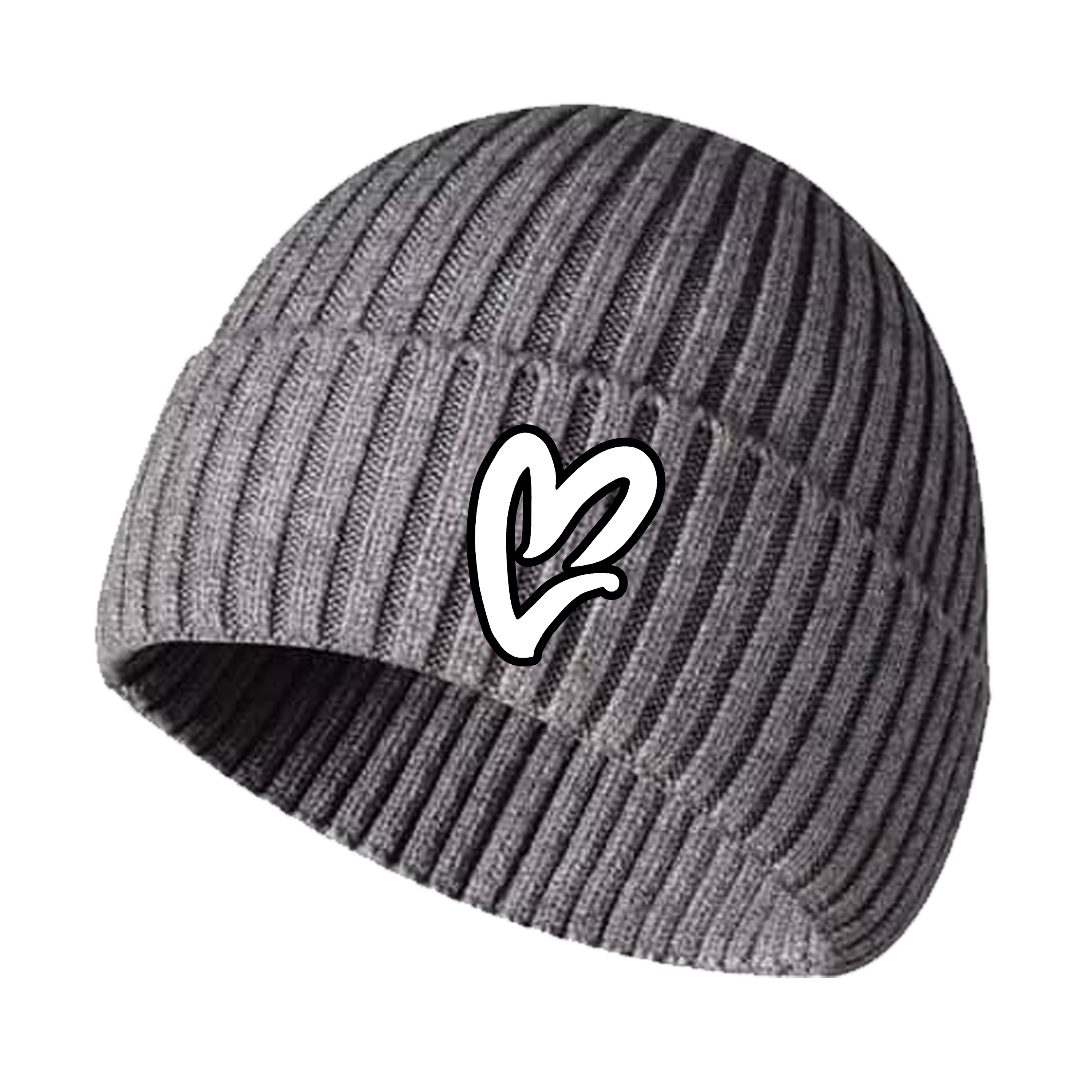 Grey Chenille White Heart Knit Beanie