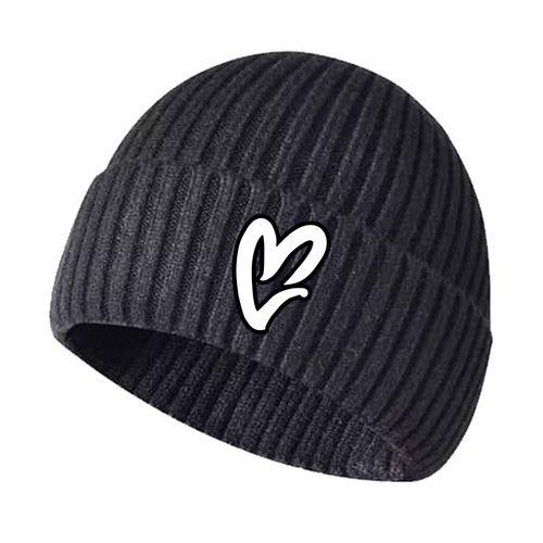 Black Chenille White Heart Knit Beanie