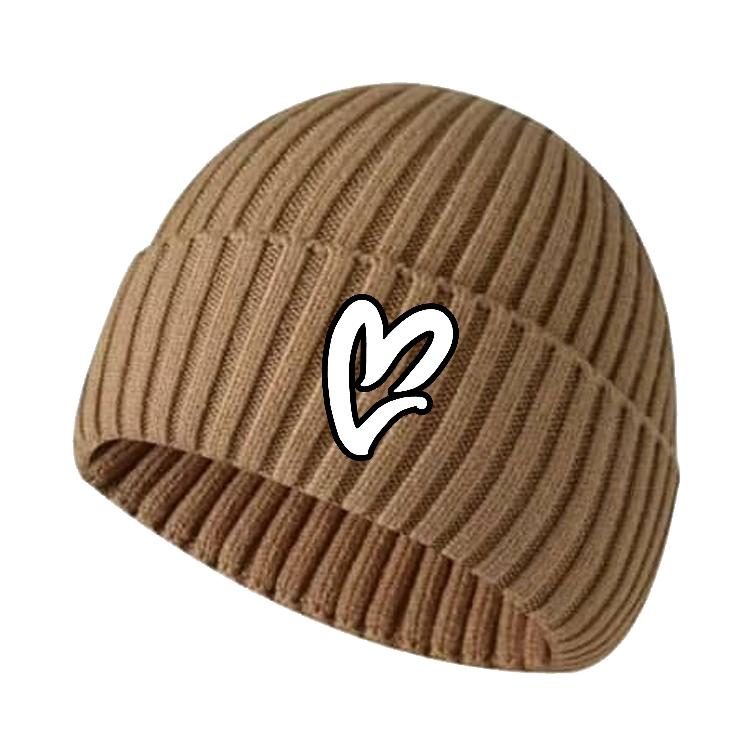 Brown Chenille White Heart Knit Beanie