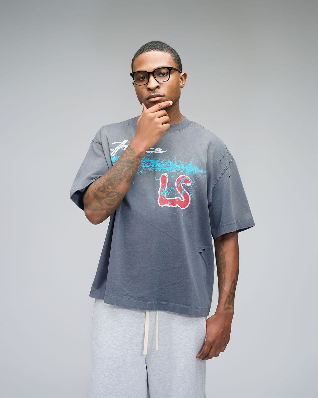 Peace LS Distress T-Shirt - Blue