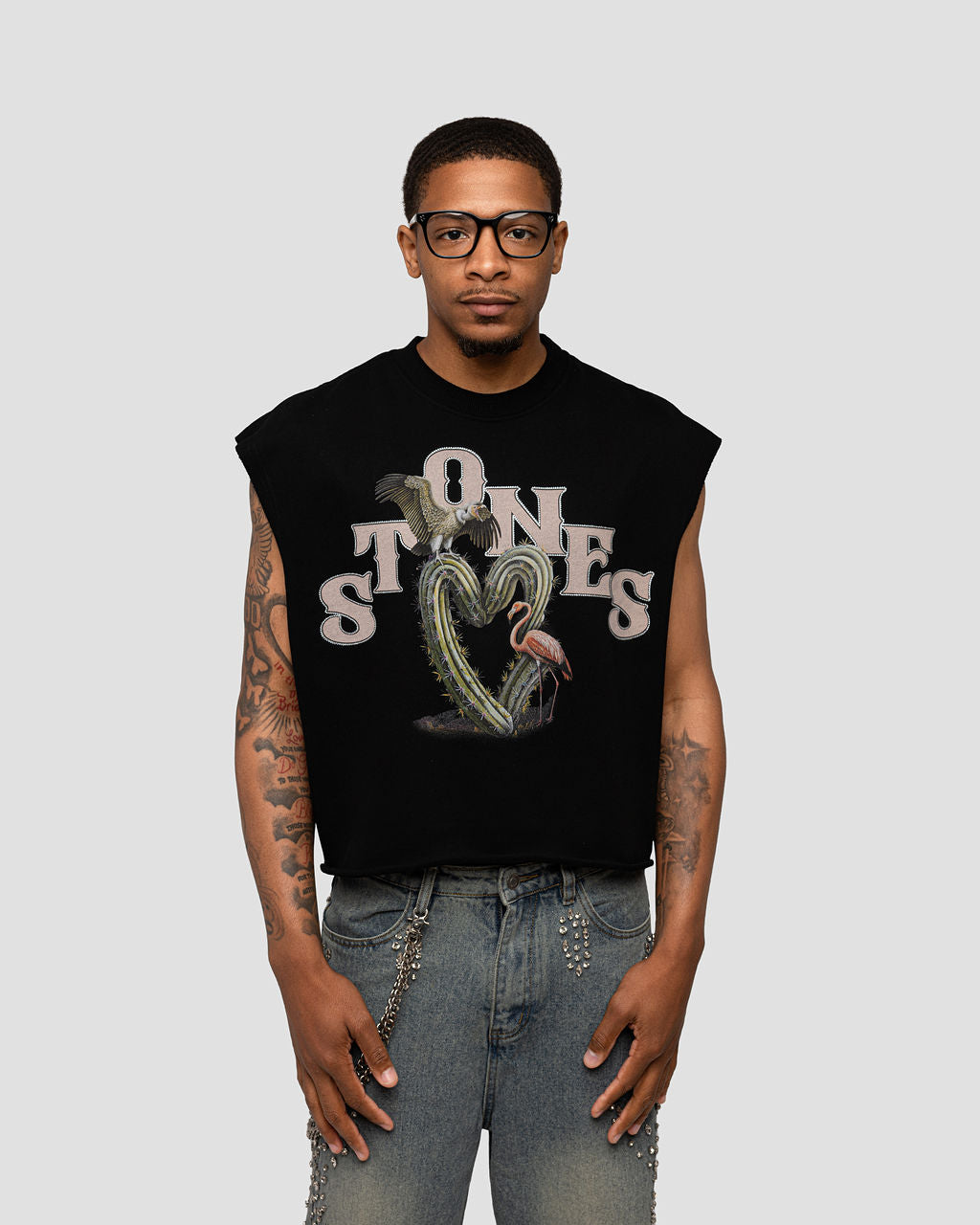Paradise Cactus Rhinestones Sleveless Shirt - Black