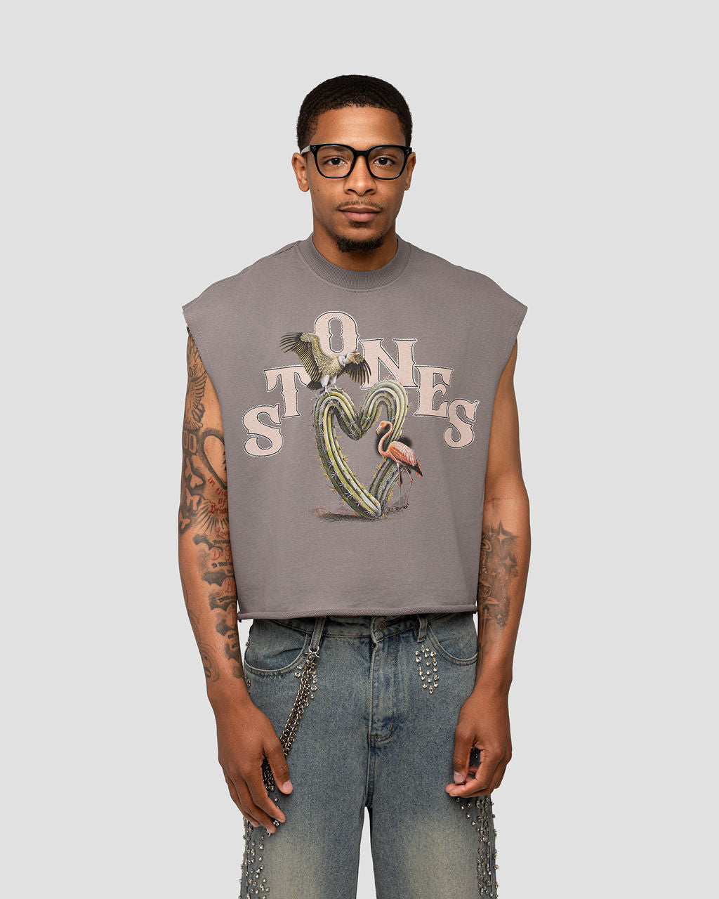 Paradise Cactus Rhinestones Sleeveless Shirt - Grey