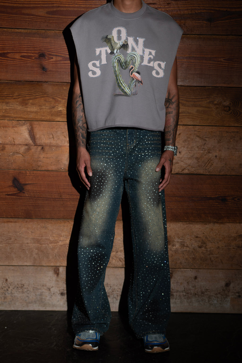 Paradise Cactus Rhinestones Sleeveless Shirt - Grey