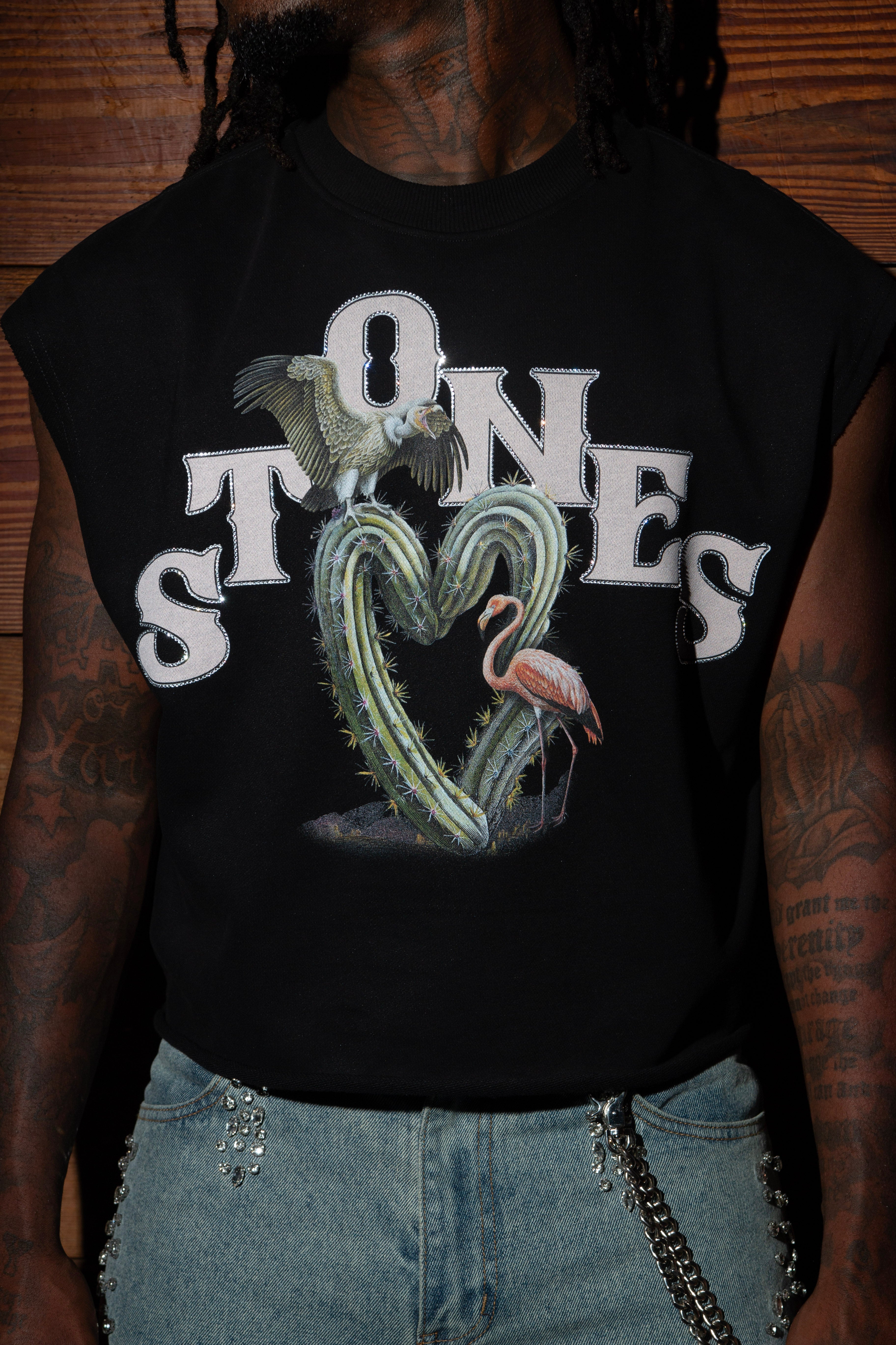 Paradise Cactus Rhinestones Sleveless Shirt - Black