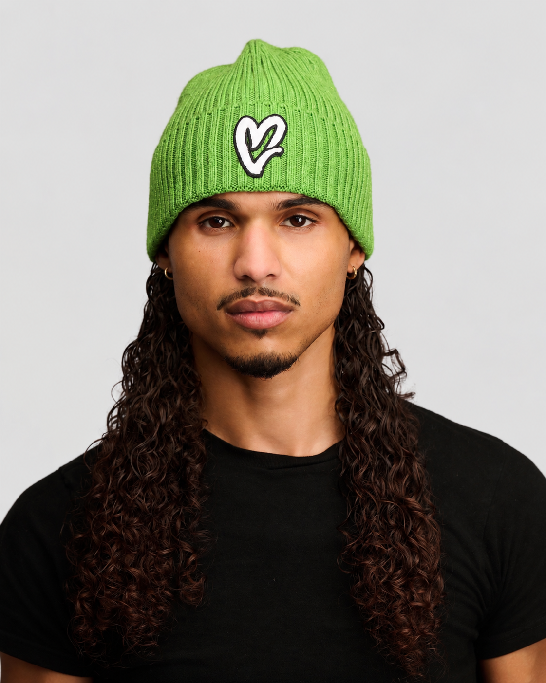 Lime Green Chenille White Heart Knit Beanie