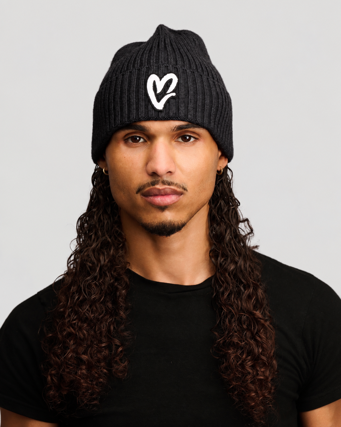 Black Chenille White Heart Knit Beanie