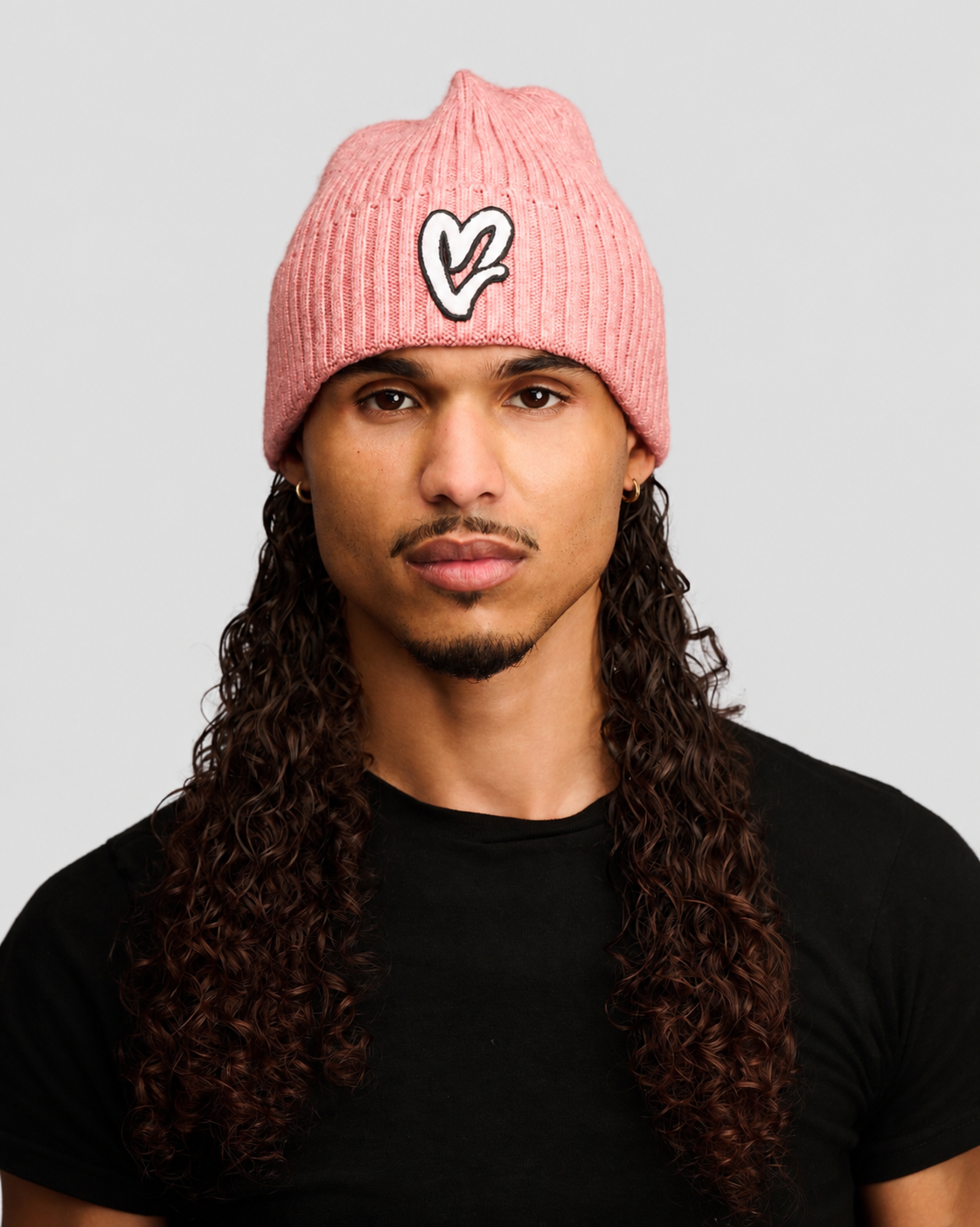 Pink Chenille White Heart Knit Beanie