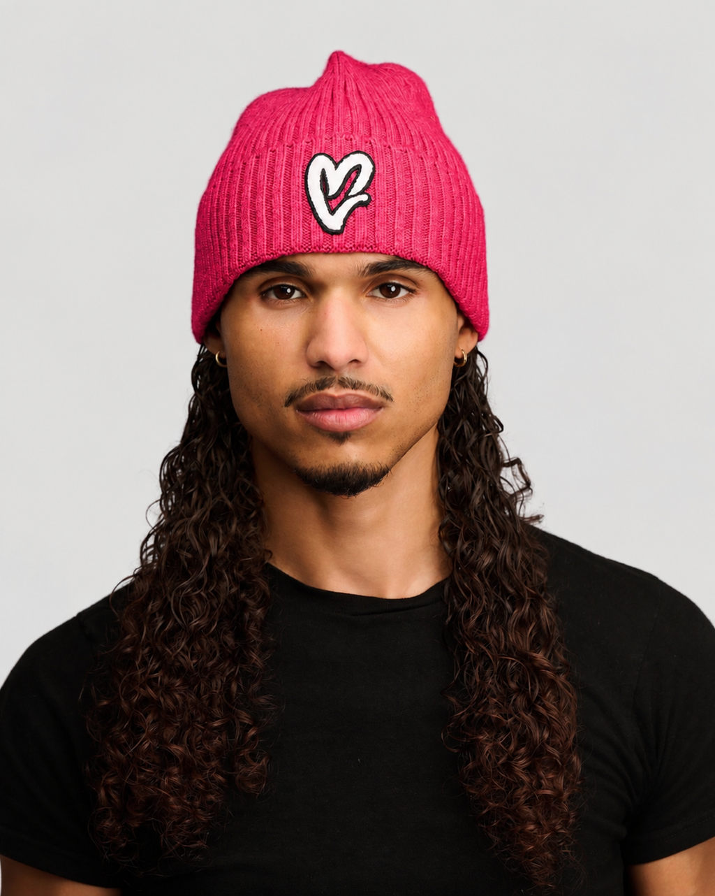 Hot Pink Chenille White Heart Knit Beanie