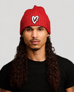 Red Chenille White Heart Knit Beanie