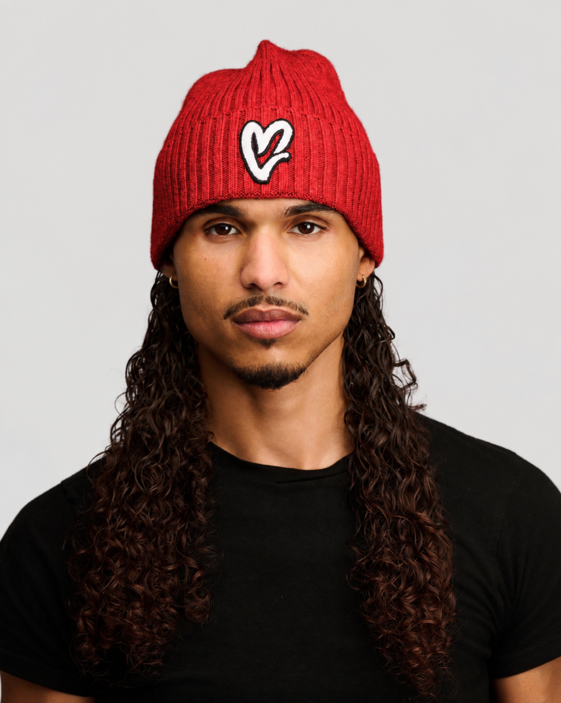 Red Chenille White Heart Knit Beanie